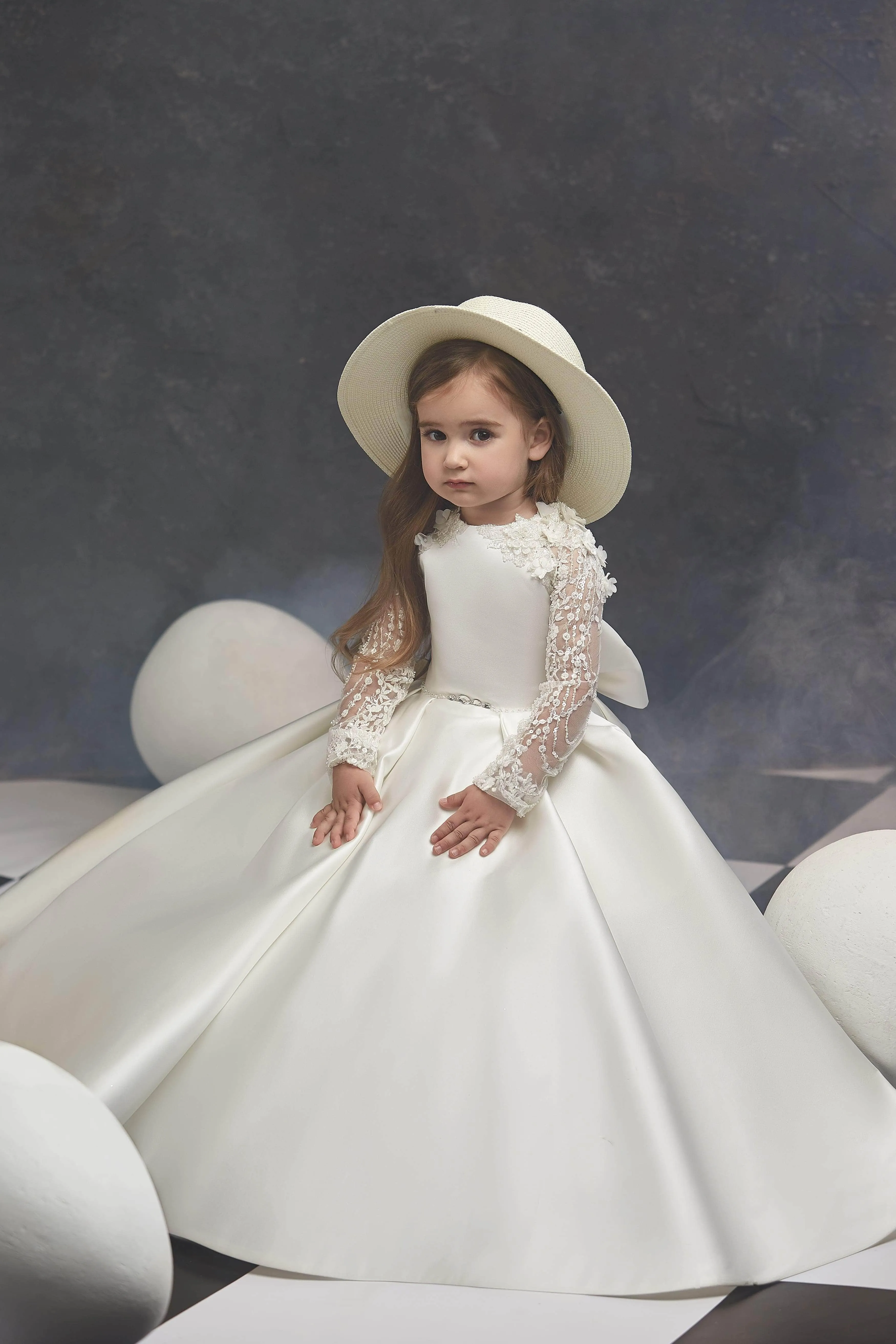 Little Girl Long Satin Gown with Lace Sleeves