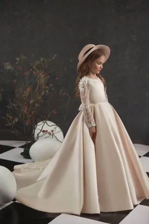 Little Girl Long Satin Gown with Lace Sleeves
