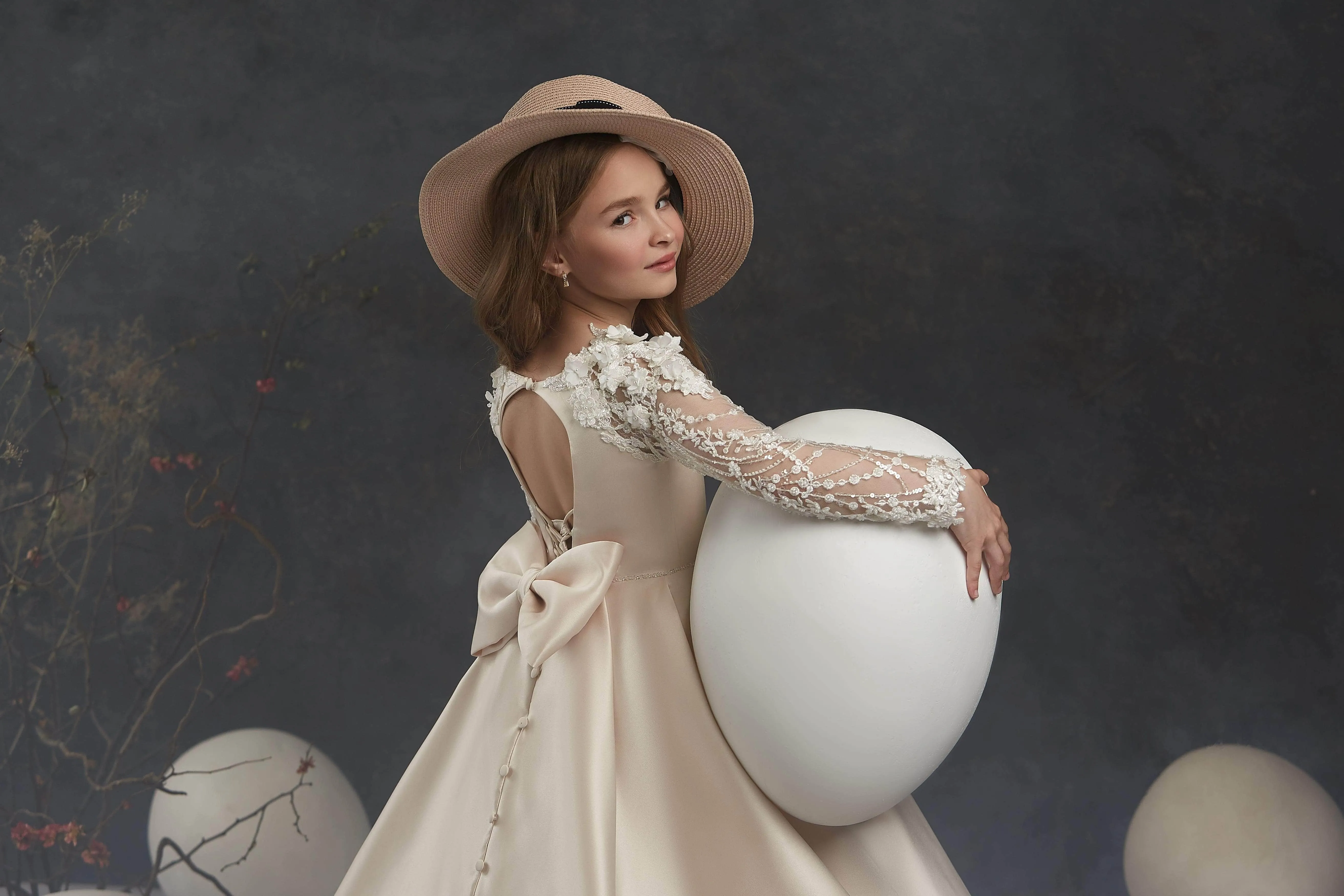 Little Girl Long Satin Gown with Lace Sleeves