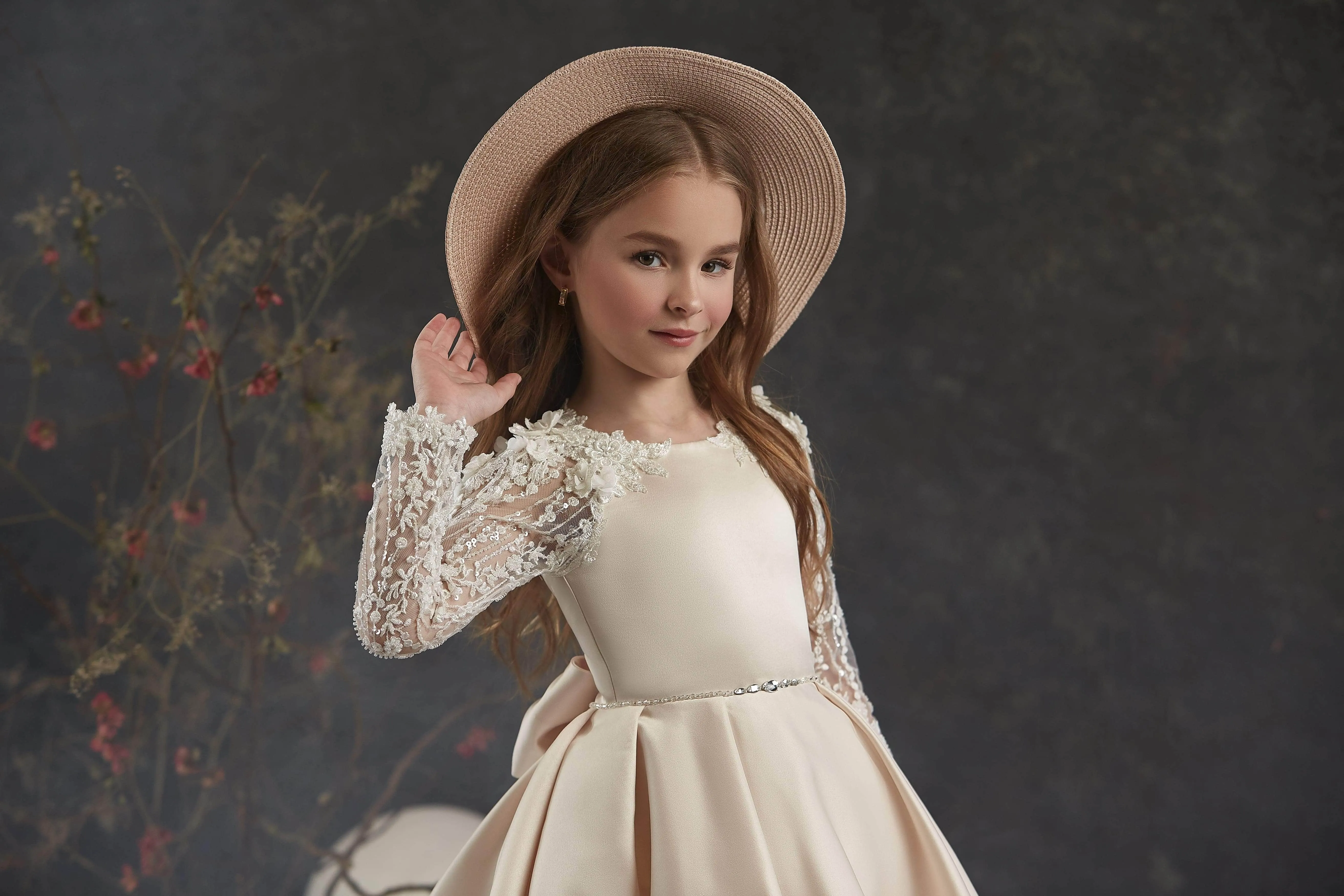 Little Girl Long Satin Gown with Lace Sleeves