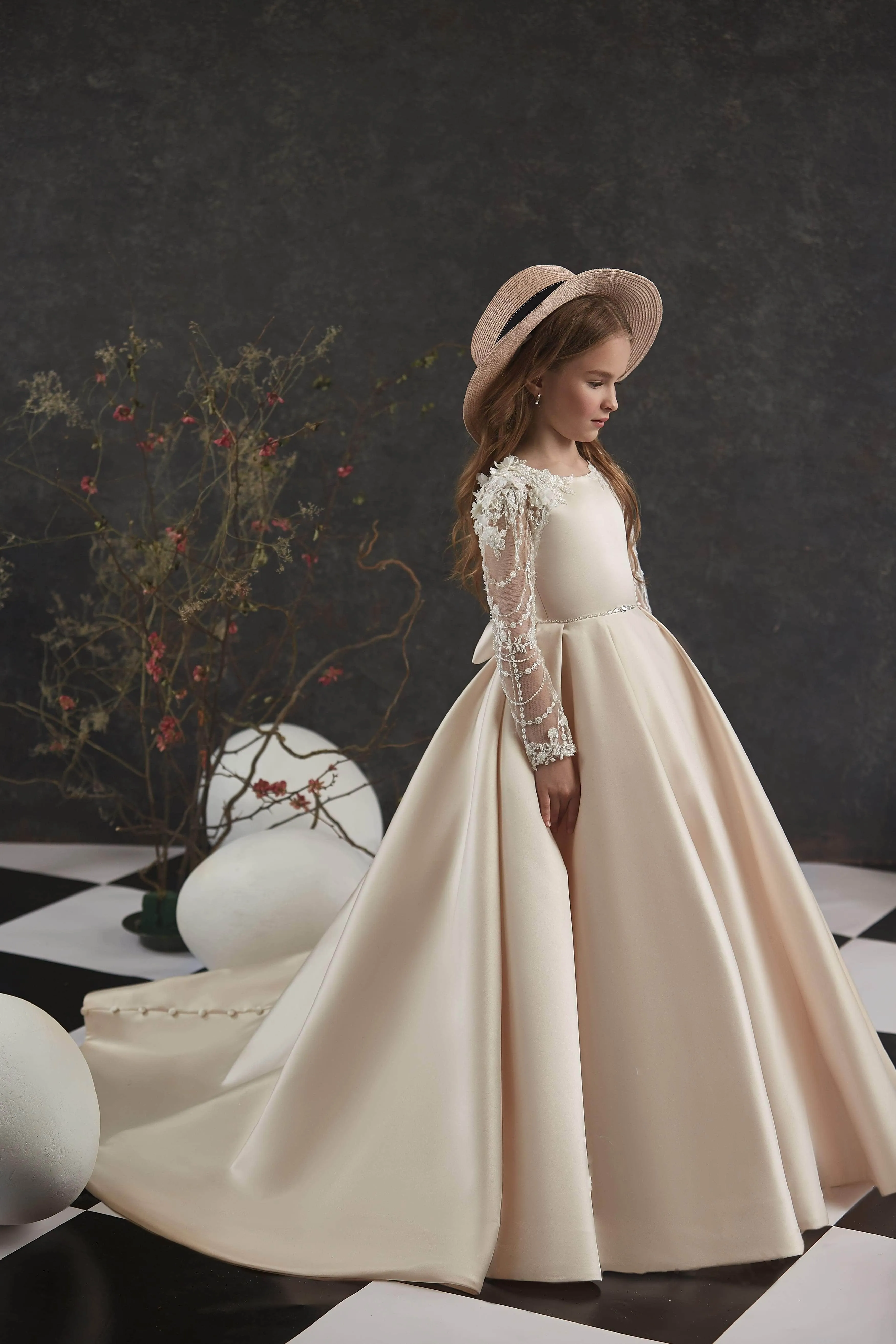 Little Girl Long Satin Gown with Lace Sleeves
