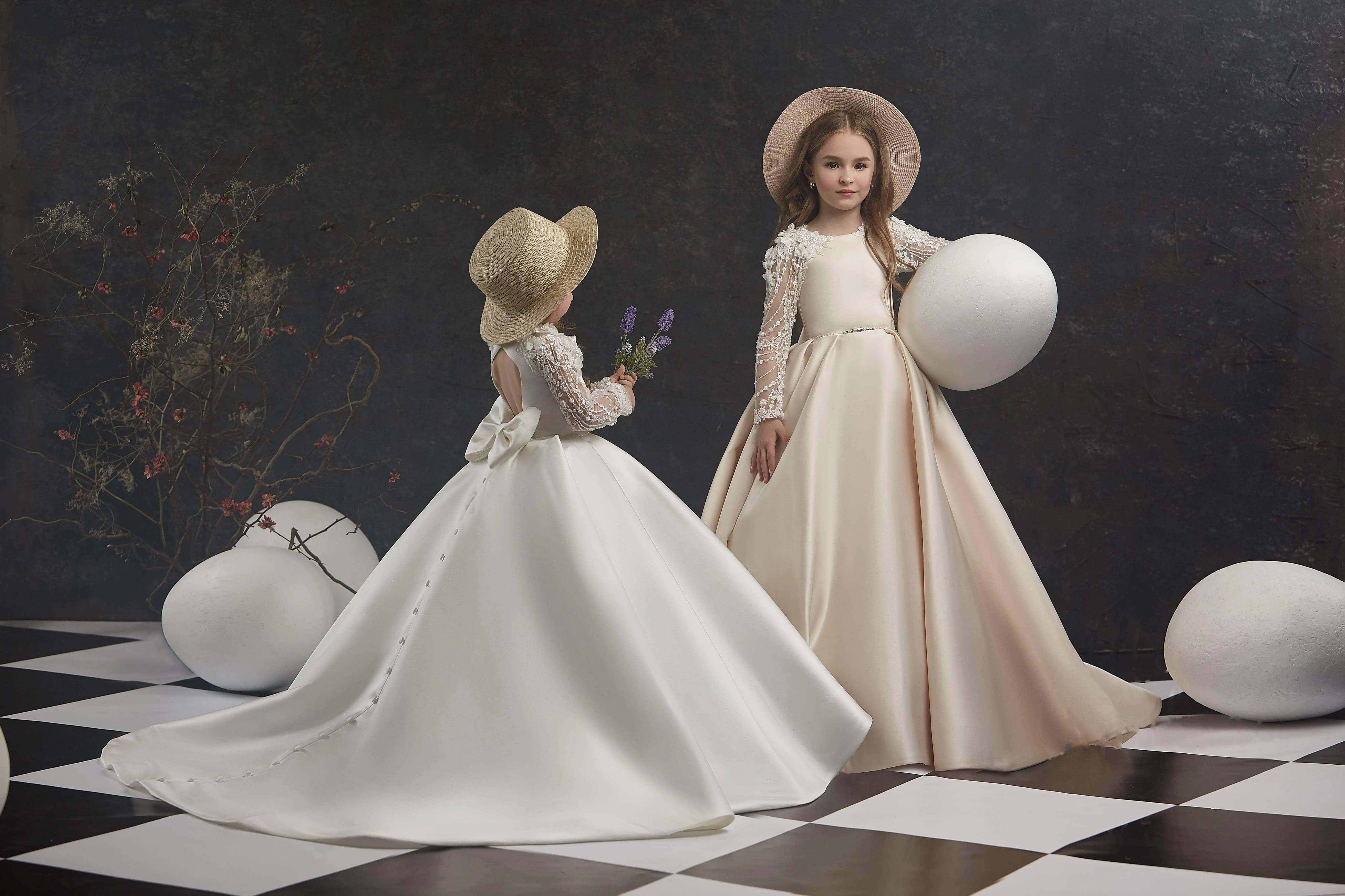 Little Girl Long Satin Gown with Lace Sleeves