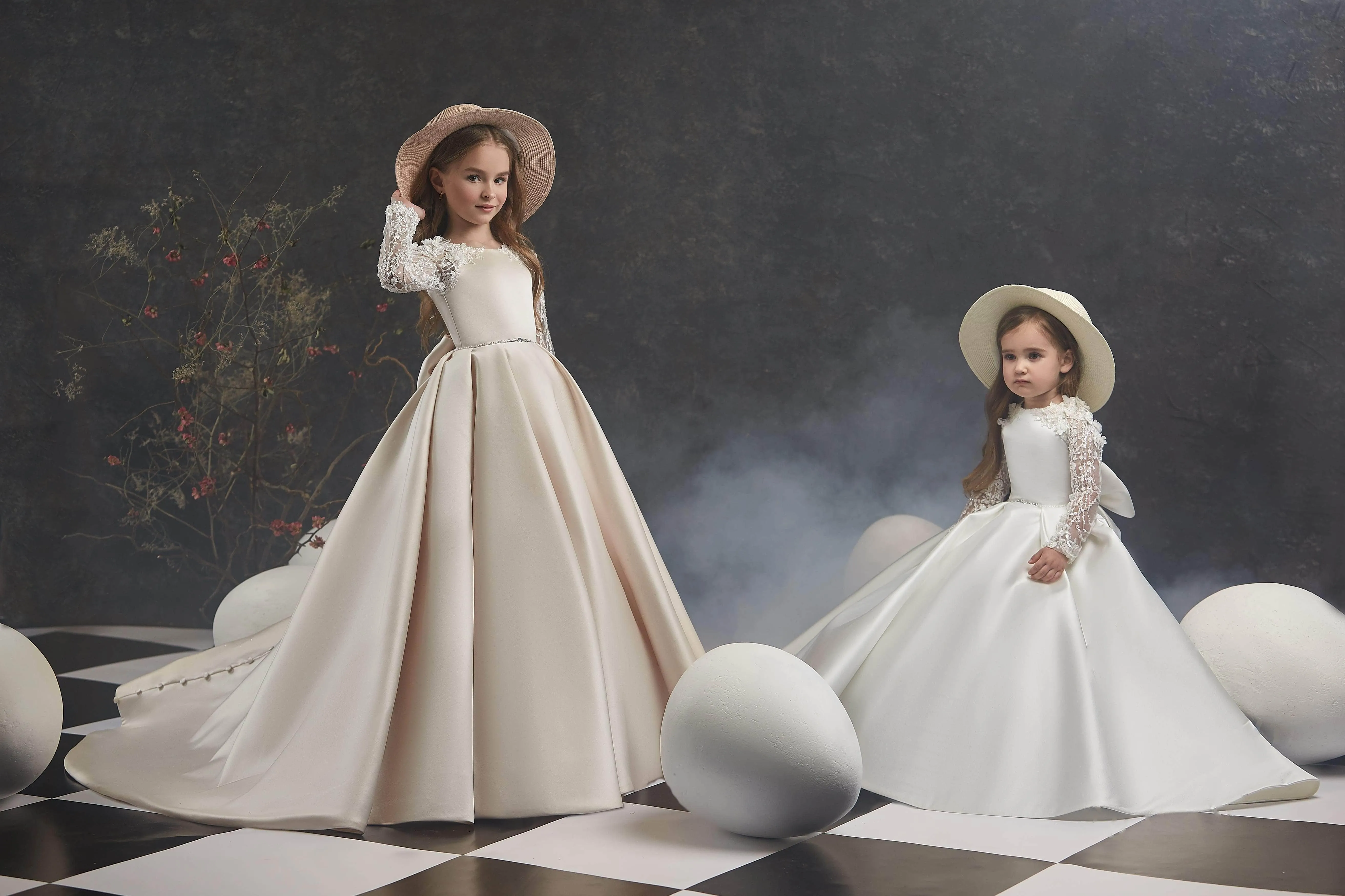 Little Girl Long Satin Gown with Lace Sleeves