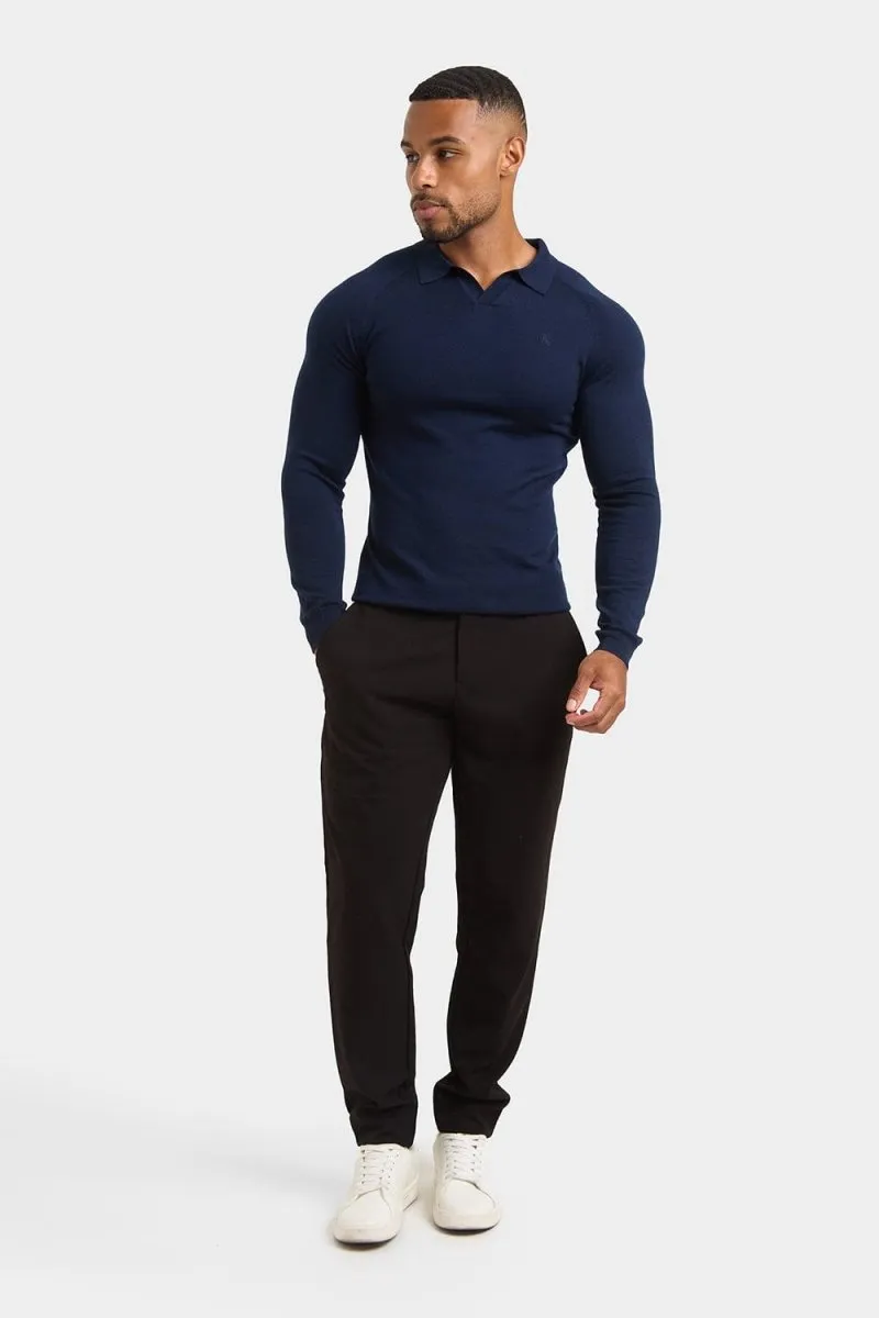 Merino Wool Buttonless Open Collar Polo Shirt in Navy