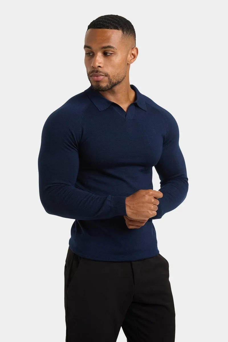 Merino Wool Buttonless Open Collar Polo Shirt in Navy