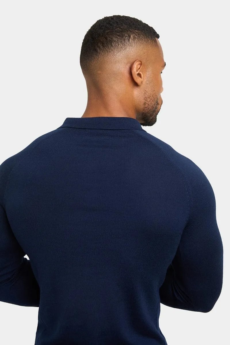 Merino Wool Buttonless Open Collar Polo Shirt in Navy