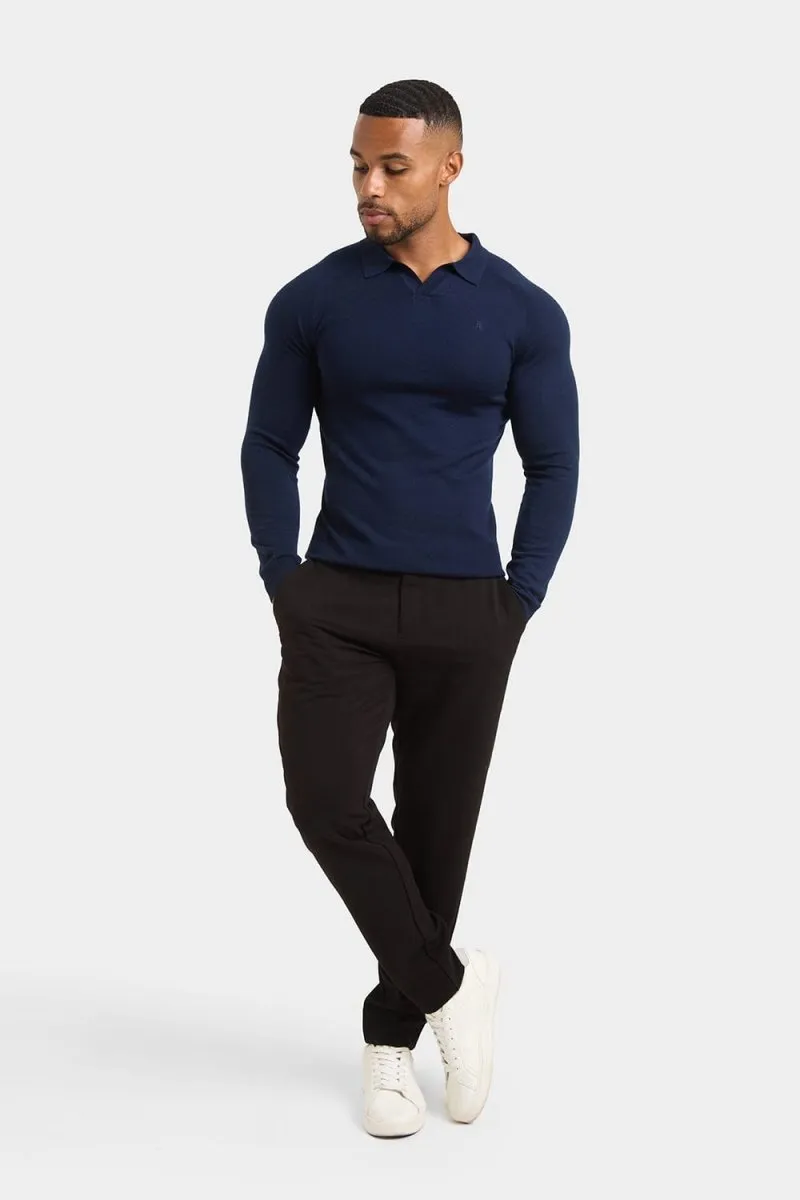 Merino Wool Buttonless Open Collar Polo Shirt in Navy