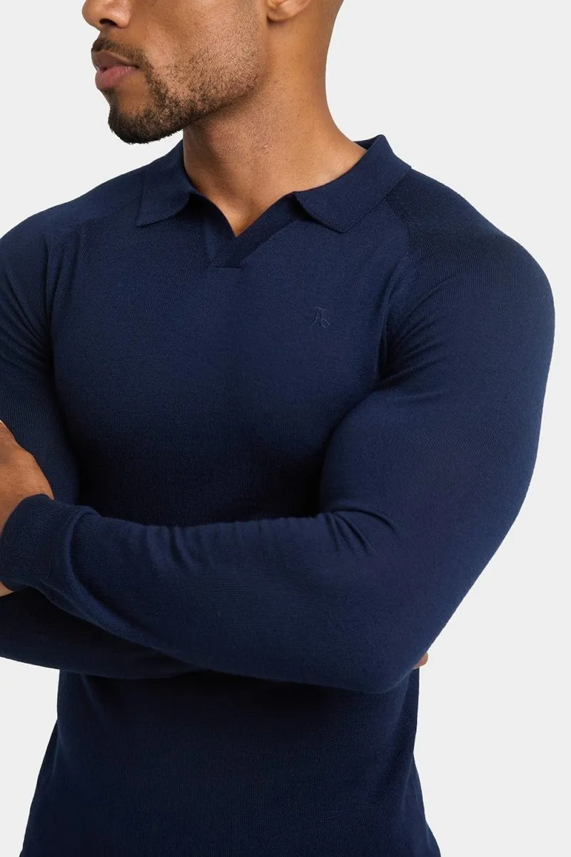Merino Wool Buttonless Open Collar Polo Shirt in Navy