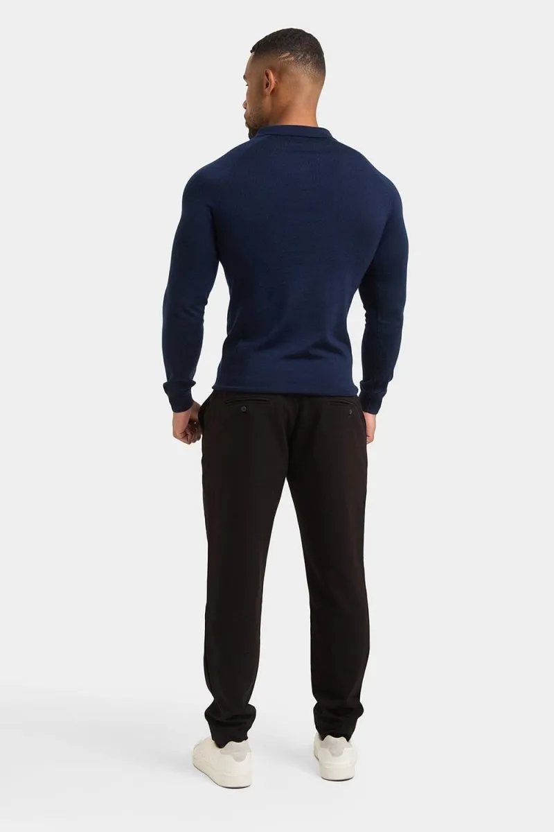 Merino Wool Buttonless Open Collar Polo Shirt in Navy