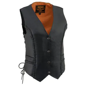 ML1255 Women's Black Braided Naked Leather Side Lace Motorcycle Rider Vest W/Front Snap Closure