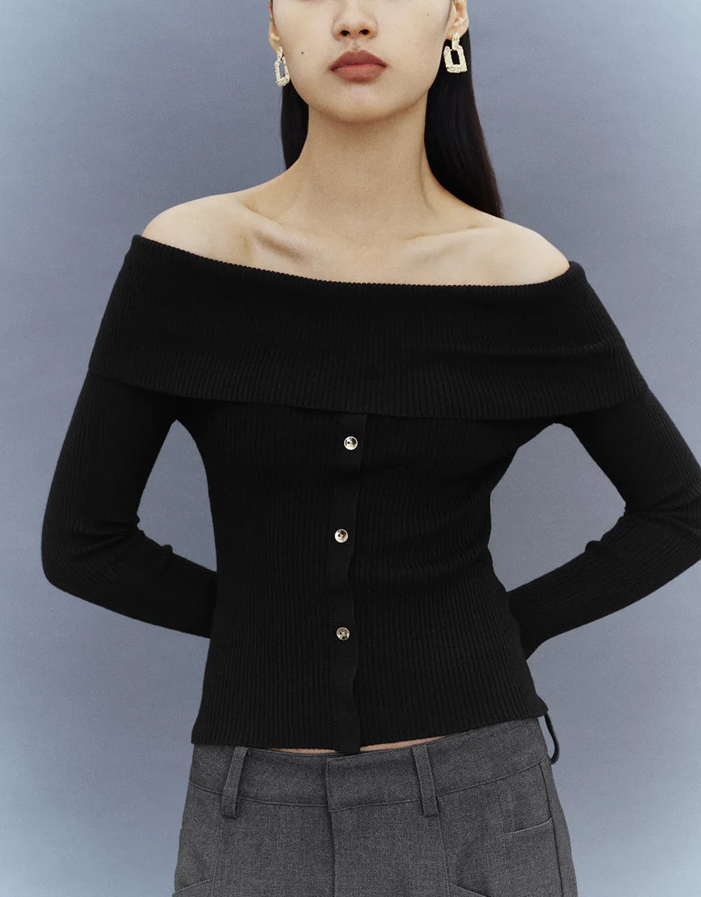 Off-Shoulder Skinny Knitted T-Shirt