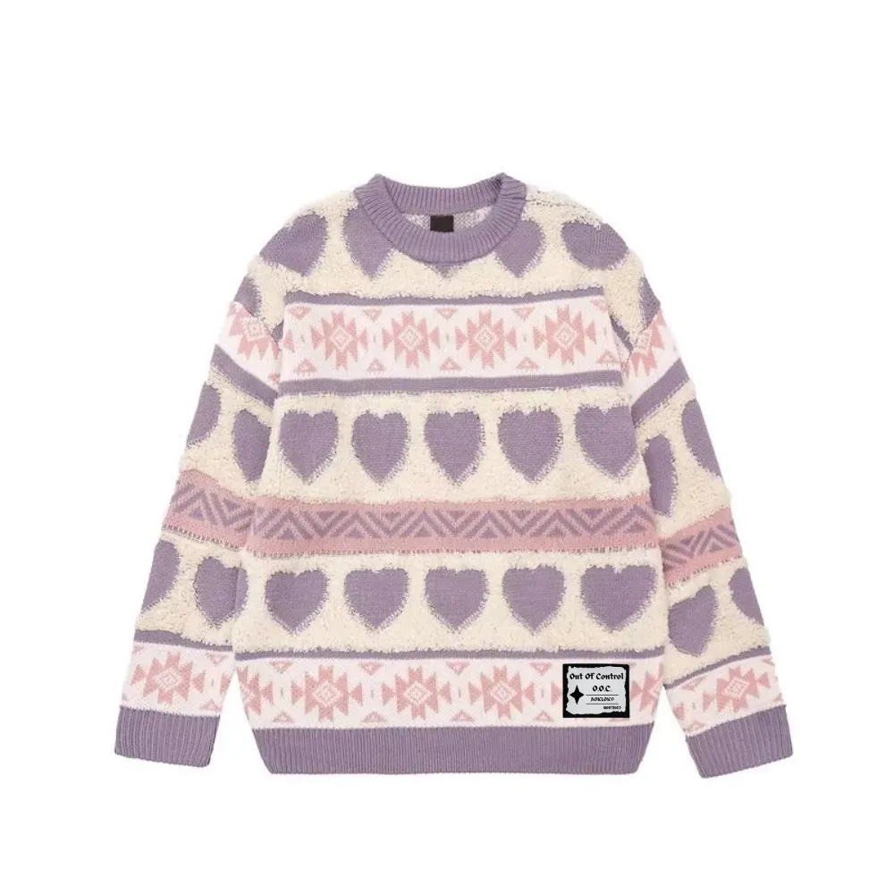 ⚡OOC' Retro Heart Jacquard Striped Knitted Sweater