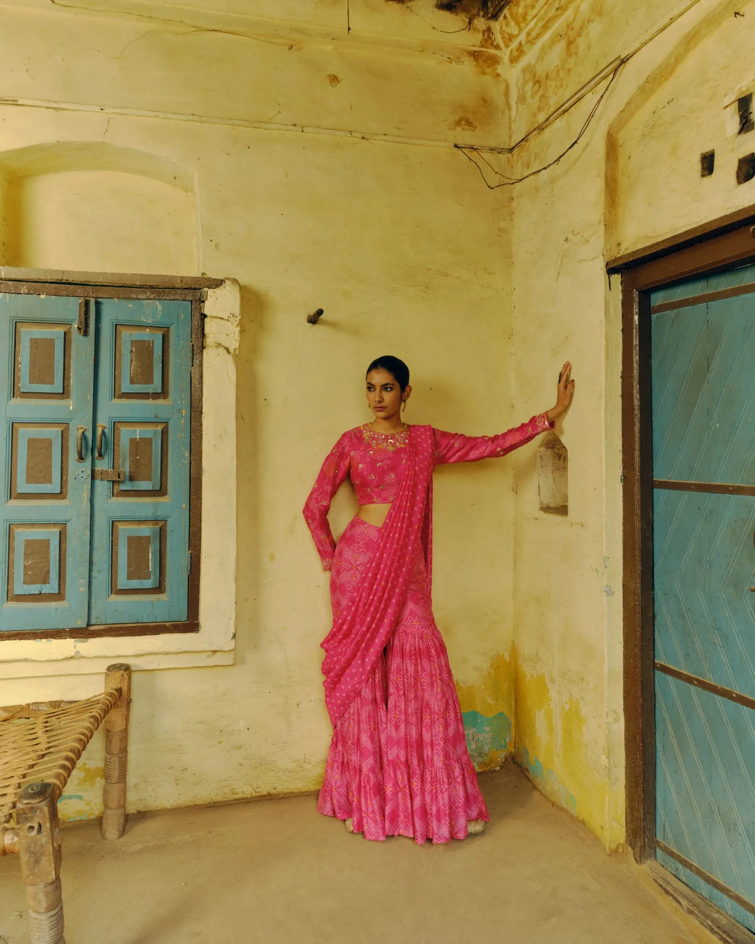 Rani pink sharara saree