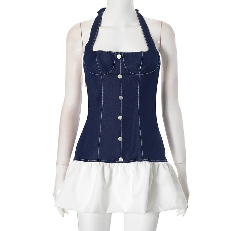 REALAIOT  Sanhu Lianjiang H24DS306 2025 women's clothing denim splicing neck strap Spice girl bubble skirt cross-border wholesale
