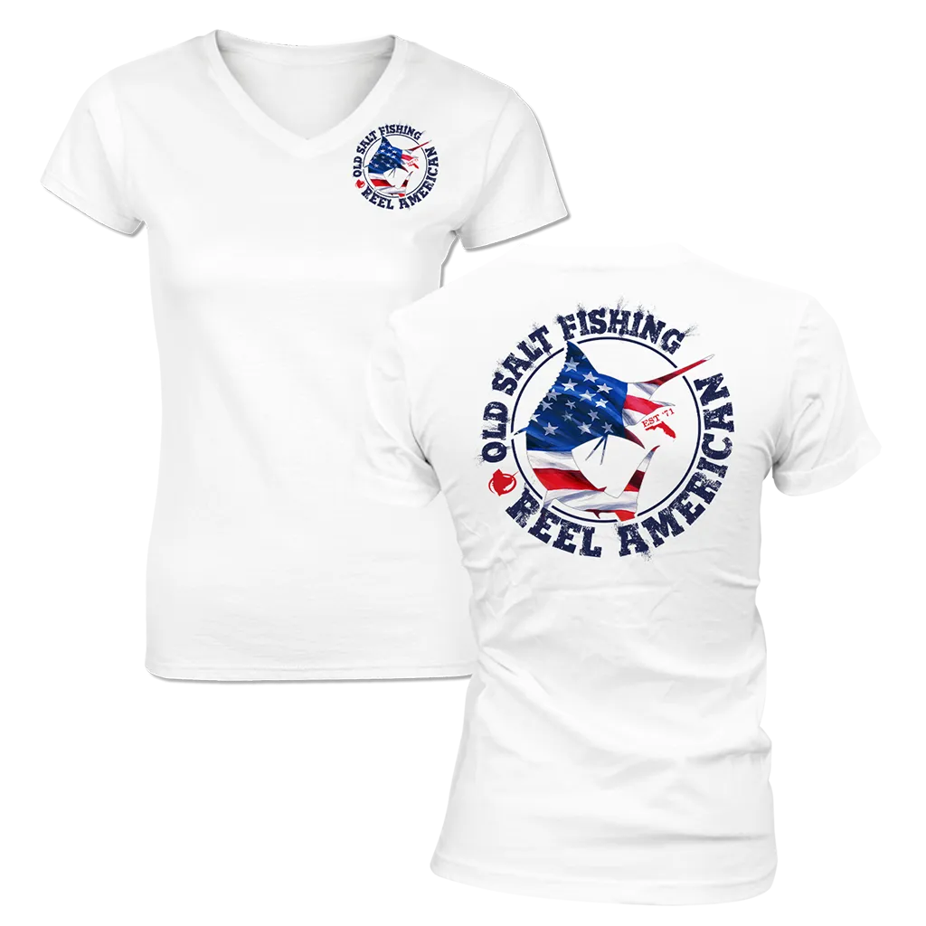 Reel Offshore American - Ladies Short Sleeve V-Neck Performance Shirt