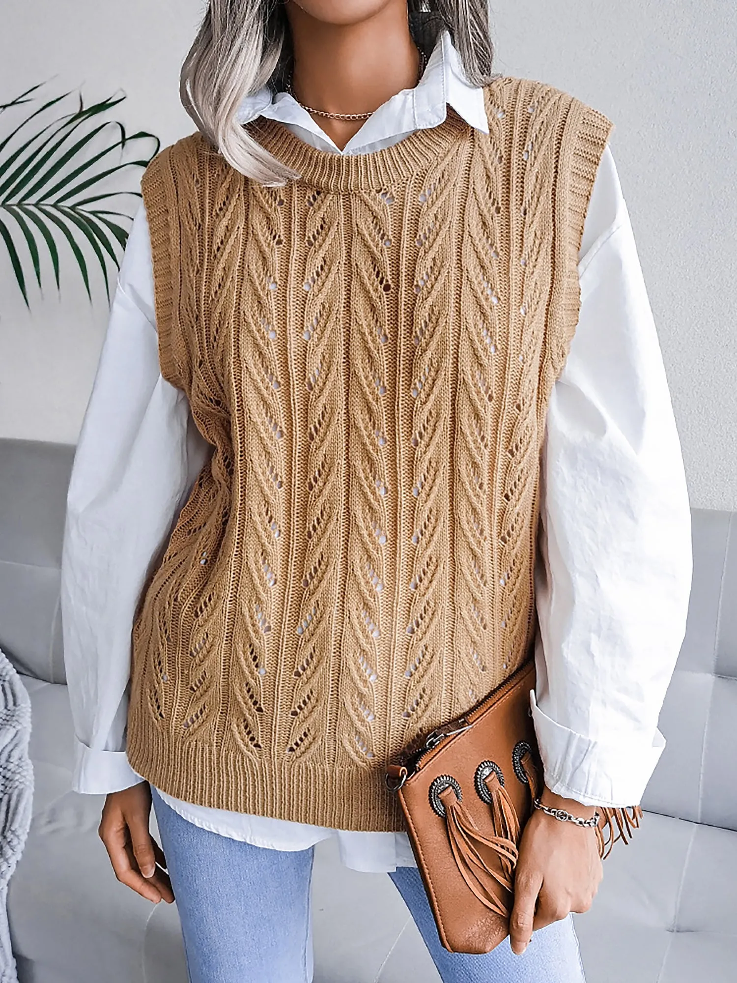 Round Neck Casual Knitted Solid Color Sweater Vest