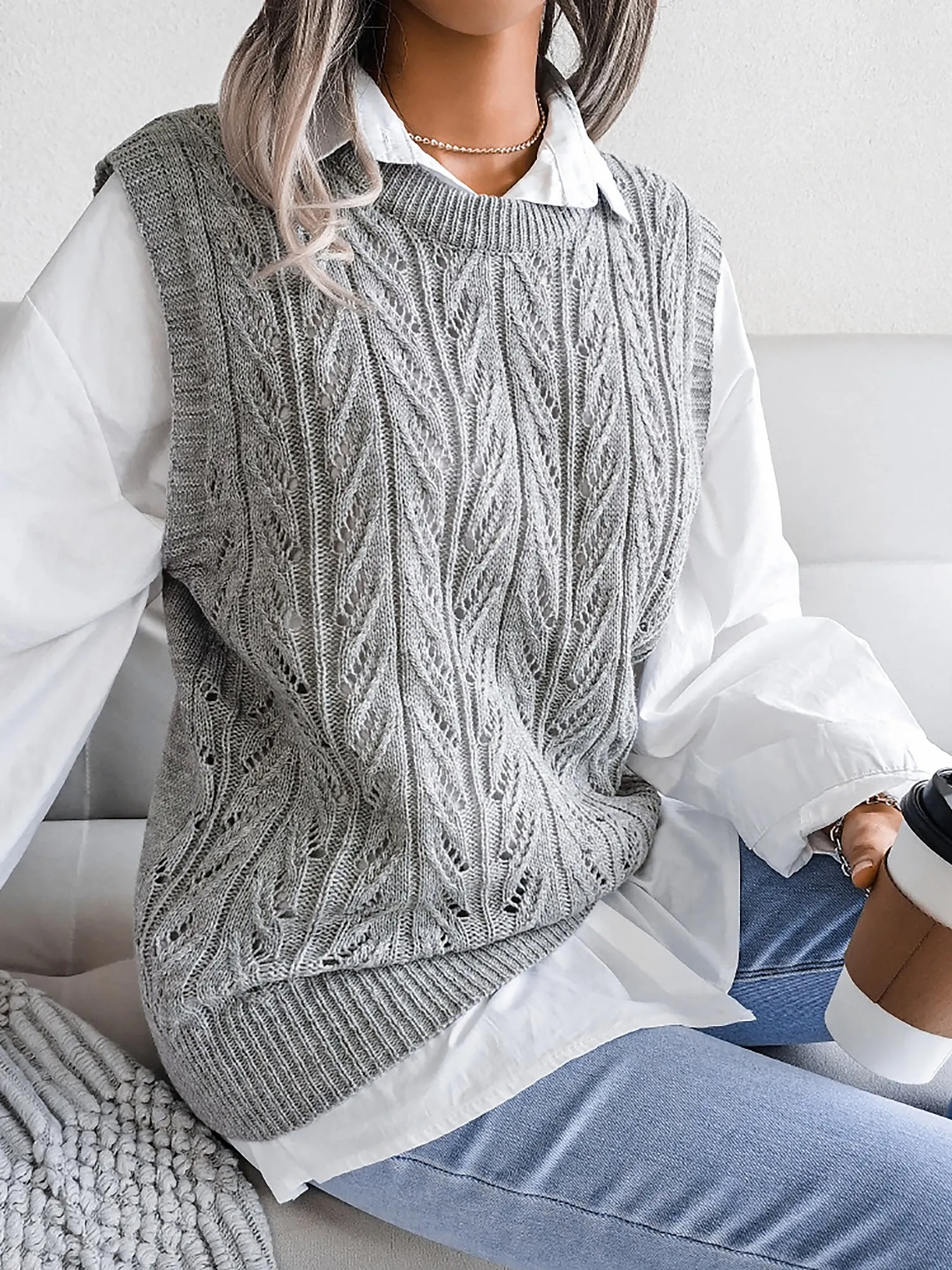 Round Neck Casual Knitted Solid Color Sweater Vest