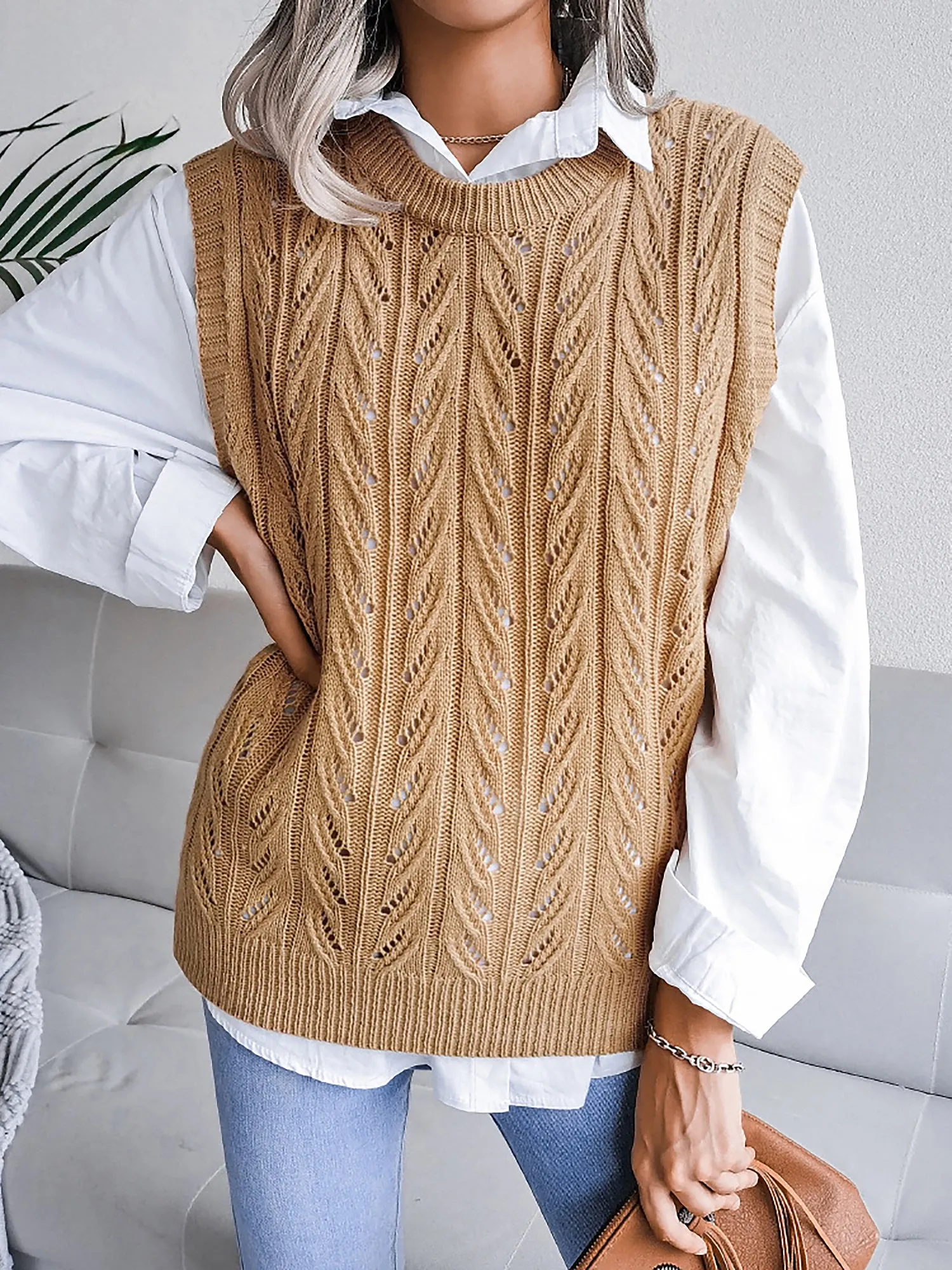 Round Neck Casual Knitted Solid Color Sweater Vest