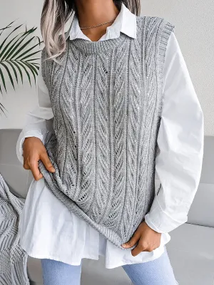 Round Neck Casual Knitted Solid Color Sweater Vest
