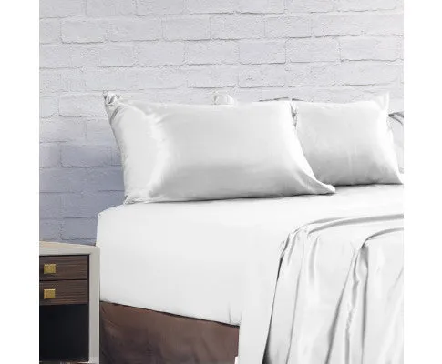 Royal Comfort Satin Sheet Set 4 Piece Fitted Flat Sheet Pillowcases - White