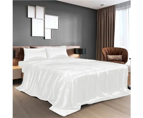 Royal Comfort Satin Sheet Set 4 Piece Fitted Flat Sheet Pillowcases - White