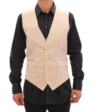 Shiny Beige Silk Button Front Dress Vest