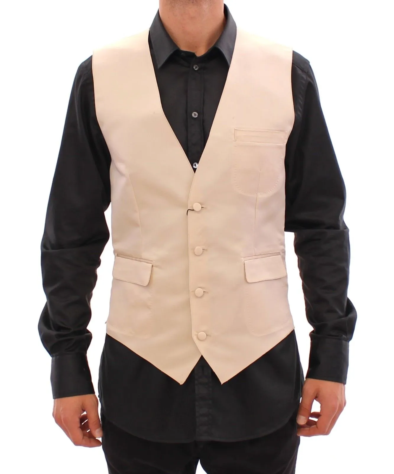 Shiny Beige Silk Button Front Dress Vest