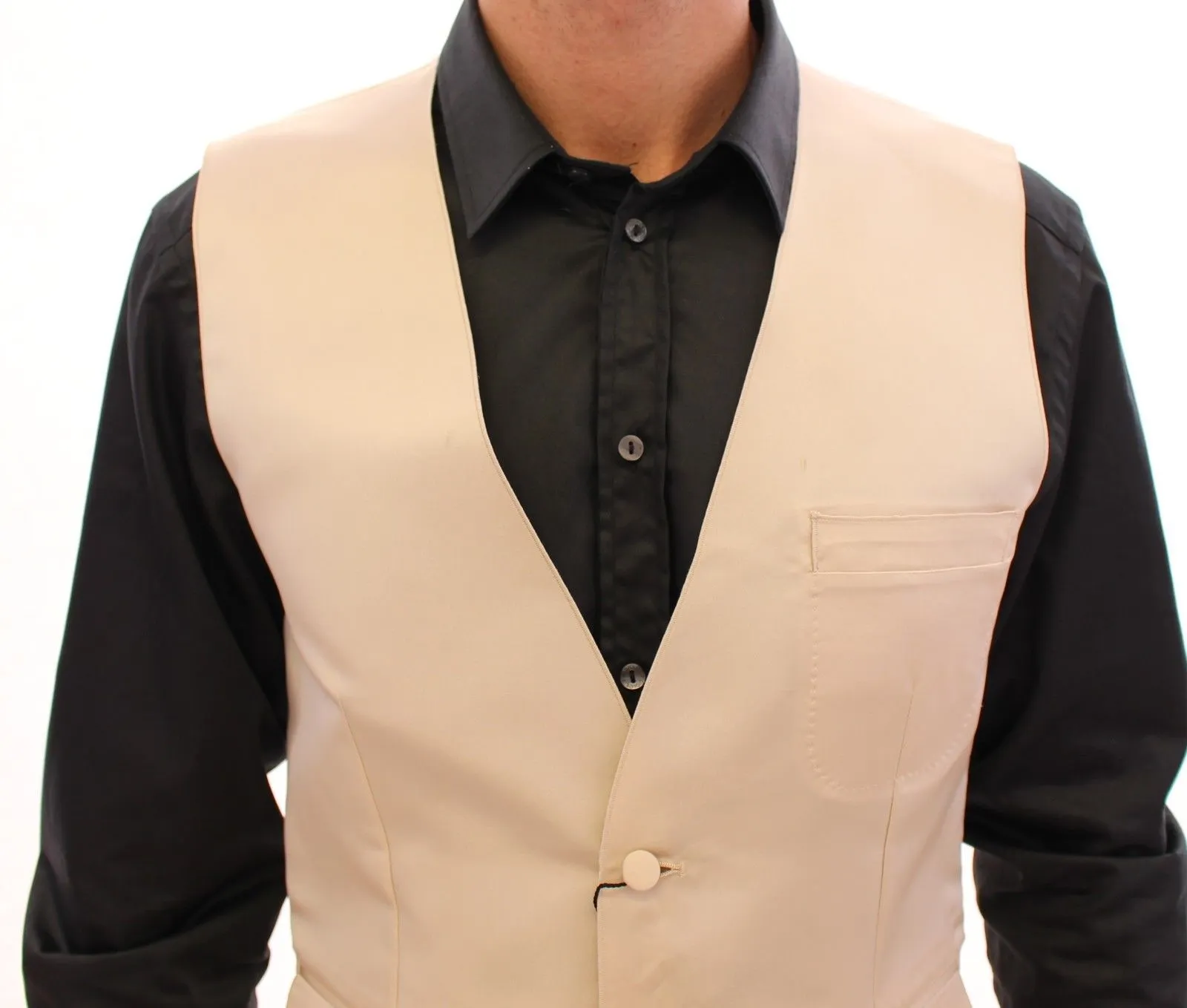 Shiny Beige Silk Button Front Dress Vest