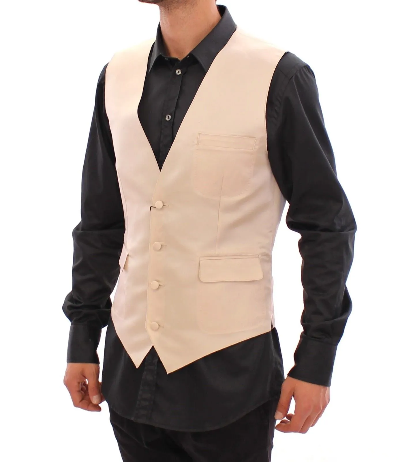 Shiny Beige Silk Button Front Dress Vest