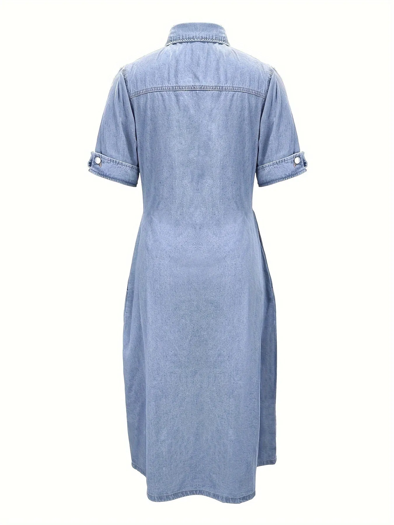 Single-breasted Short Sleeve Plain Denim Dress, Lapel Pleated Flap Pocket Flattering Denim Dress, Women's Denim Jeans & Clothing