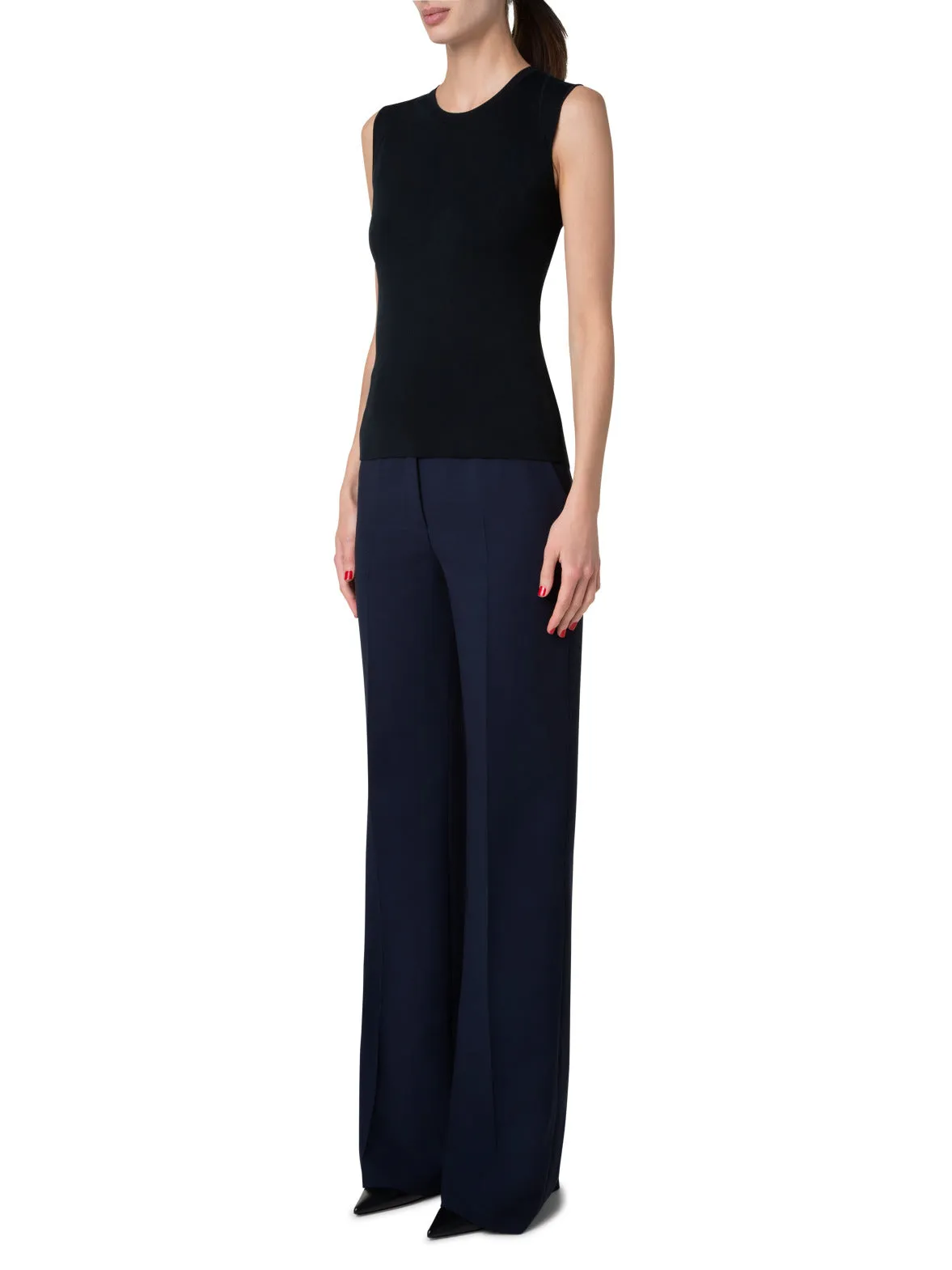 Sleeveless Silk Stretch Knit Top with Crew Neck