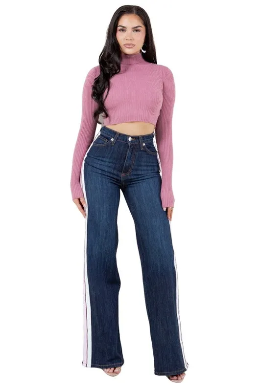 Striped Wide Leg Pant in Dark Denim 33" Inseam