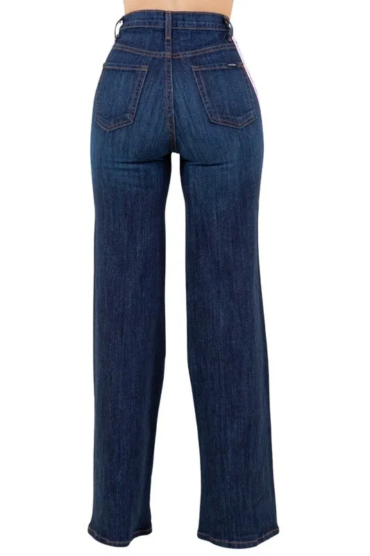 Striped Wide Leg Pant in Dark Denim 33" Inseam