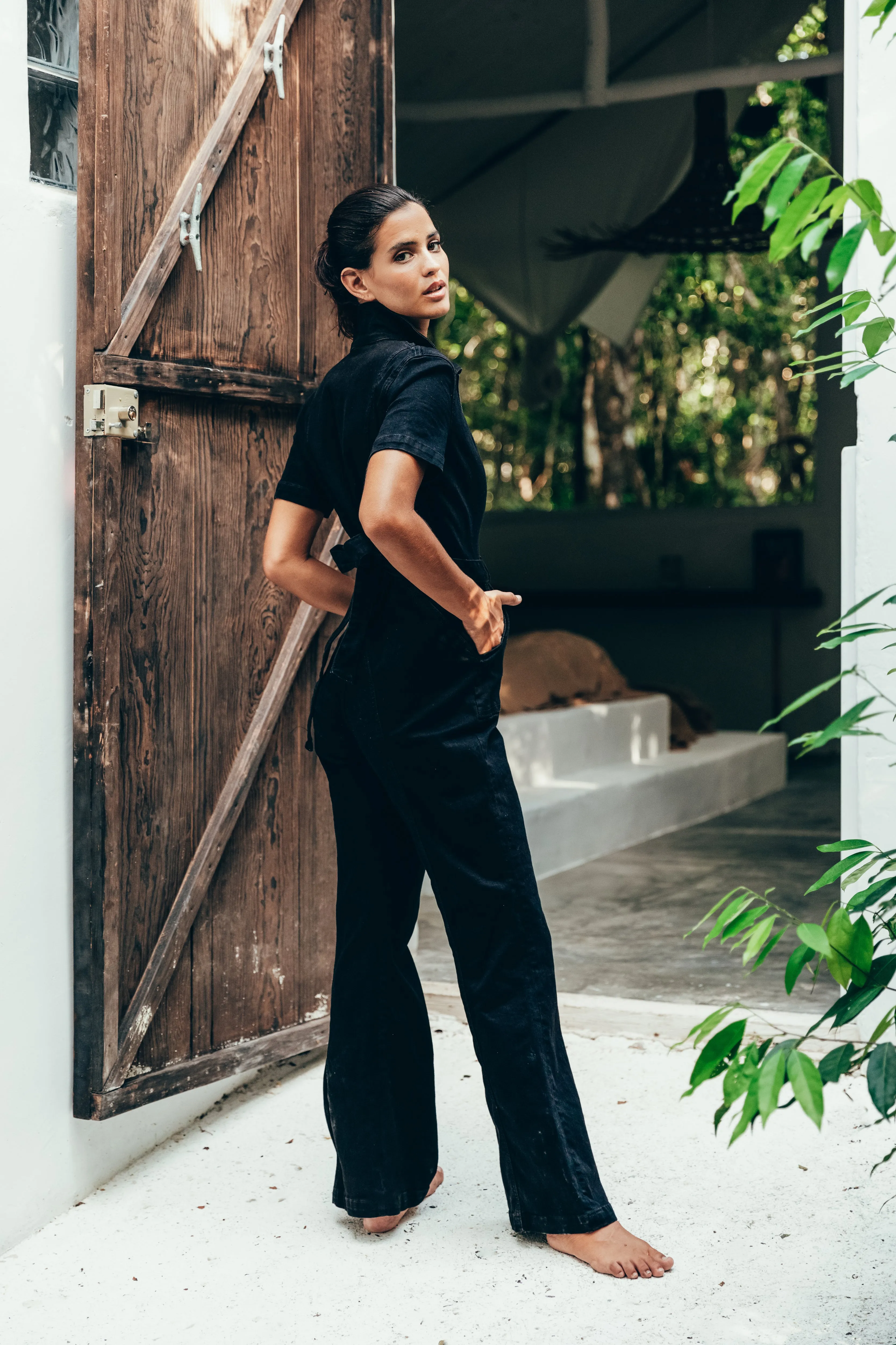 SukiSo Women's Black Kira Short-Sleeved Denim Jumpsuit