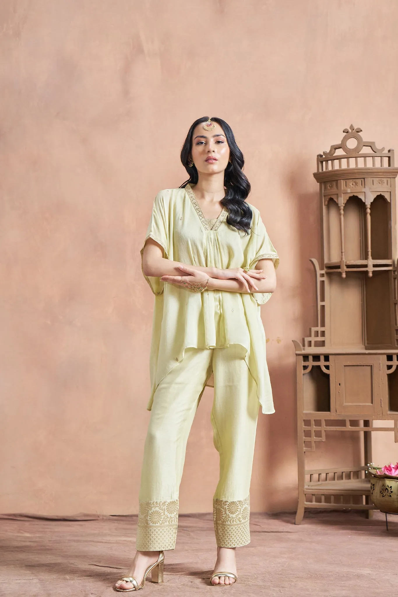 Tussar Silk Co-Ord Set - Lime Green