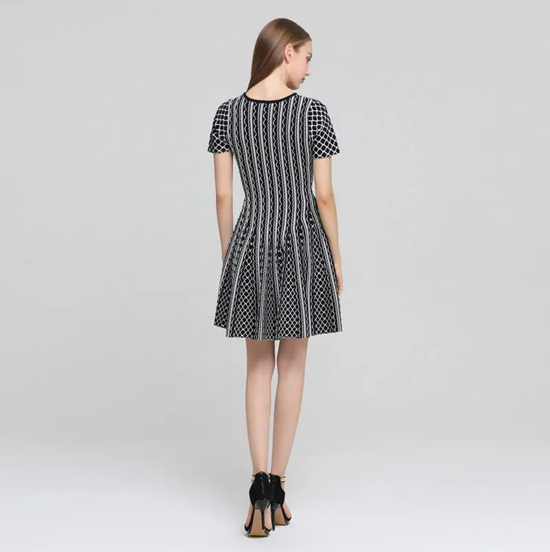 TWO PEARS-Short Sleeve V-Neck Knitted A-line Dress