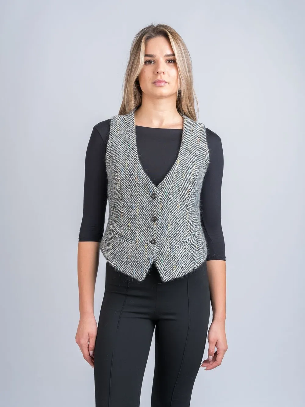 Women's Black & White Herringbone Waistcoat & Vest