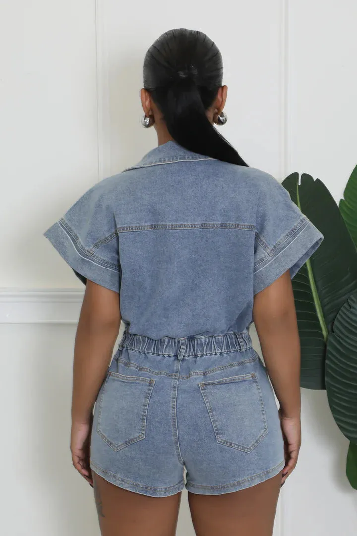 Women's Denim Collared Pockets Romper