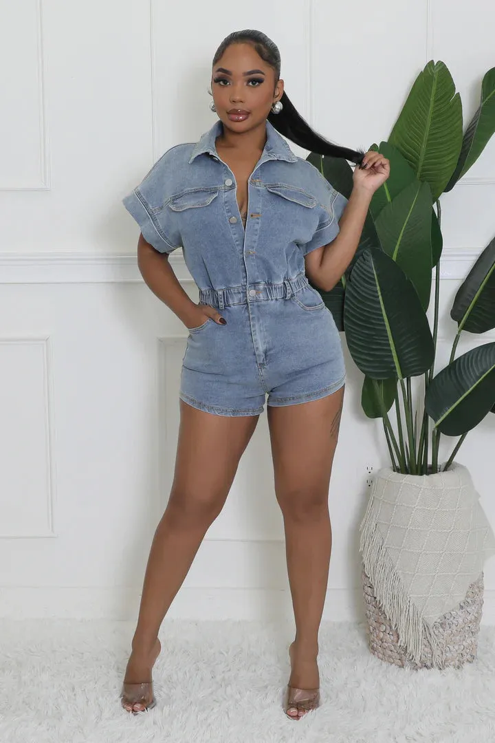 Women's Denim Collared Pockets Romper