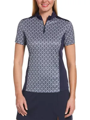 Womens Geo Print Polo with Mock Collar