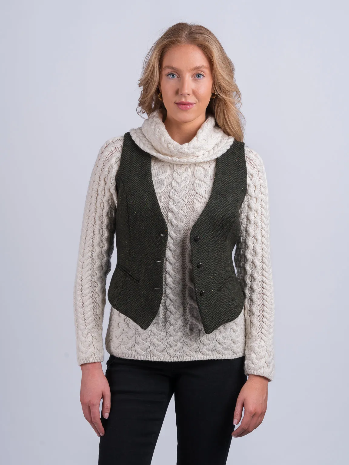 Women's Green Tweed Herringbone Waistcoat