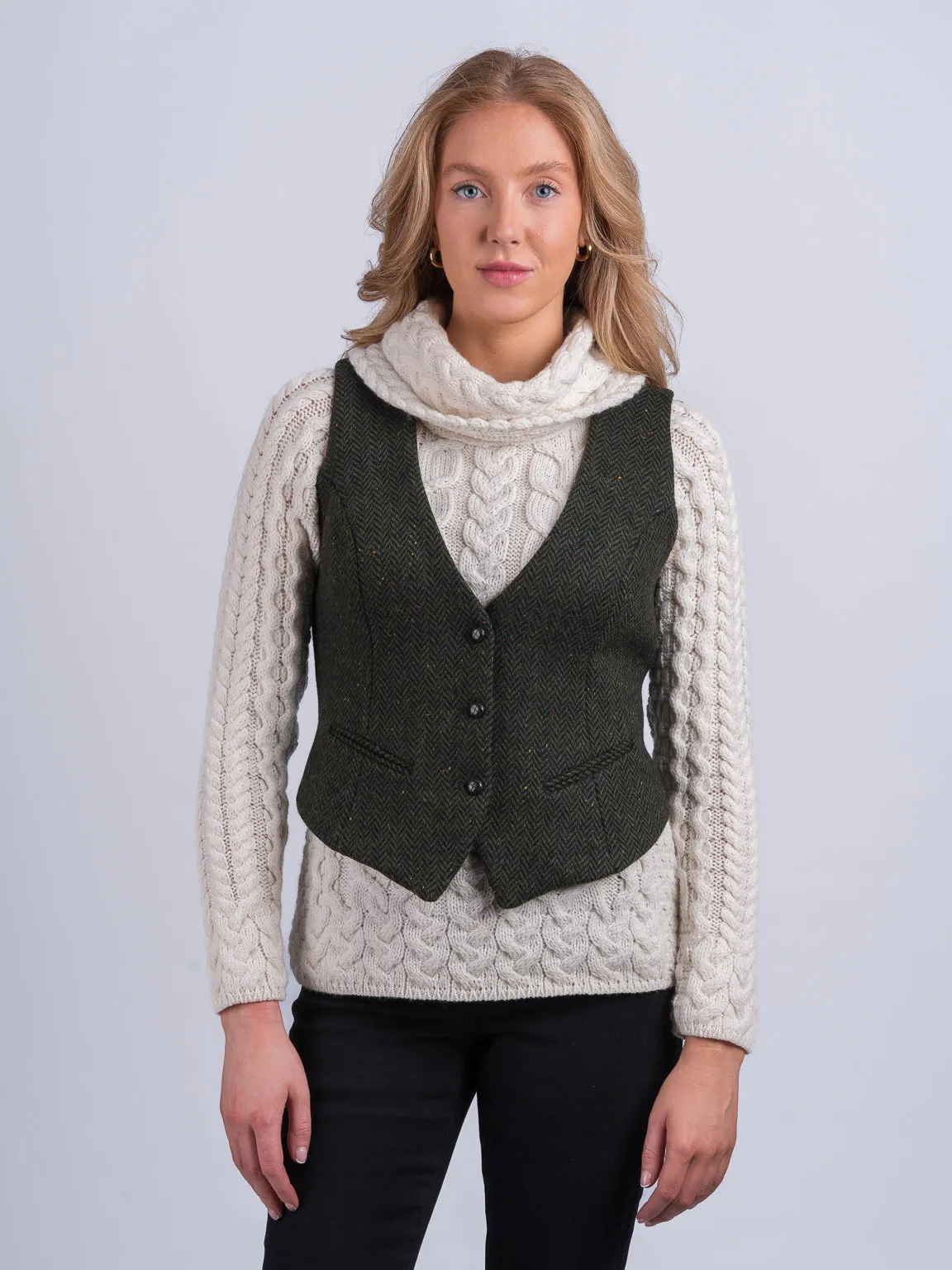 Women's Green Tweed Herringbone Waistcoat