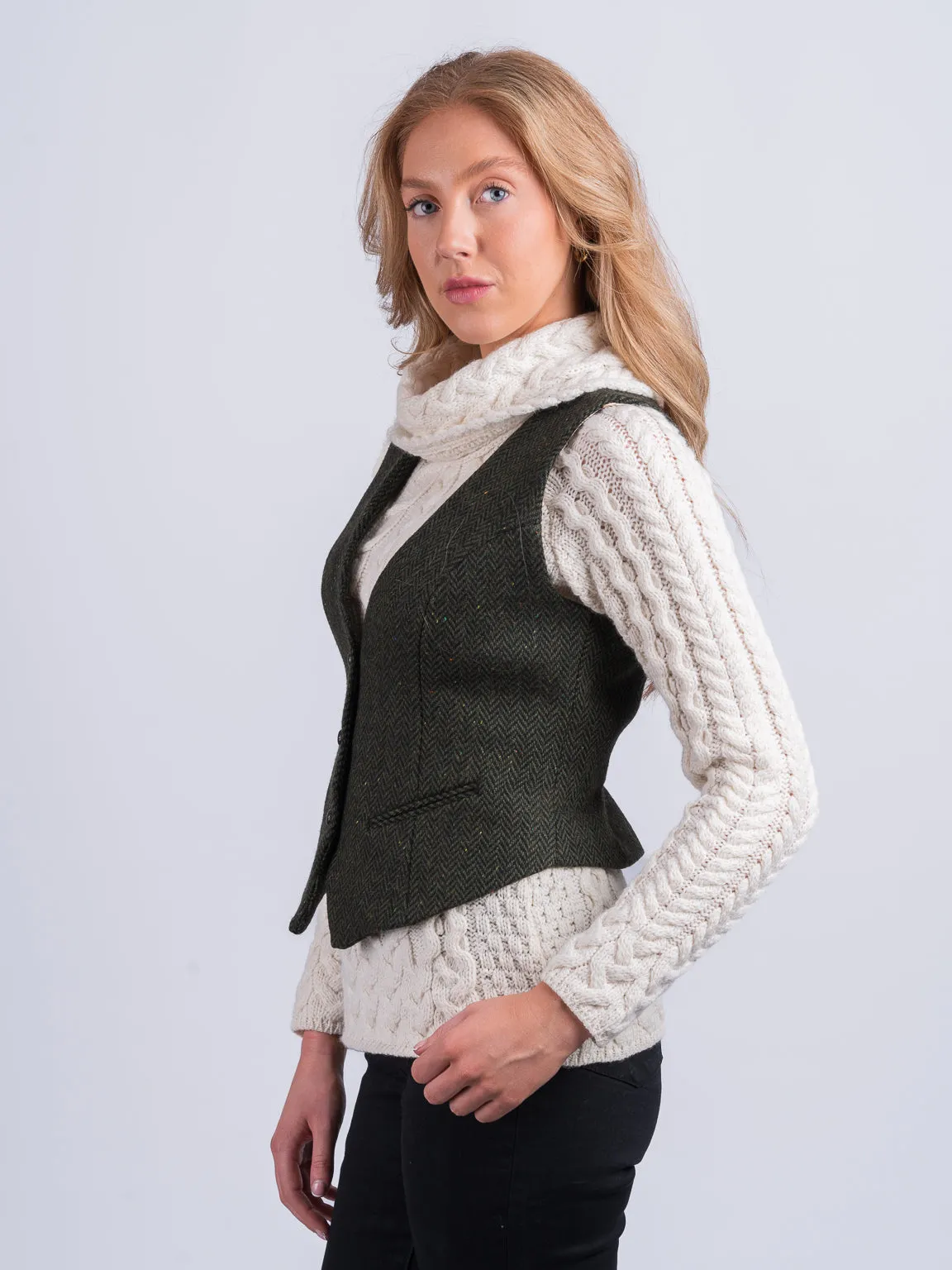Women's Green Tweed Herringbone Waistcoat