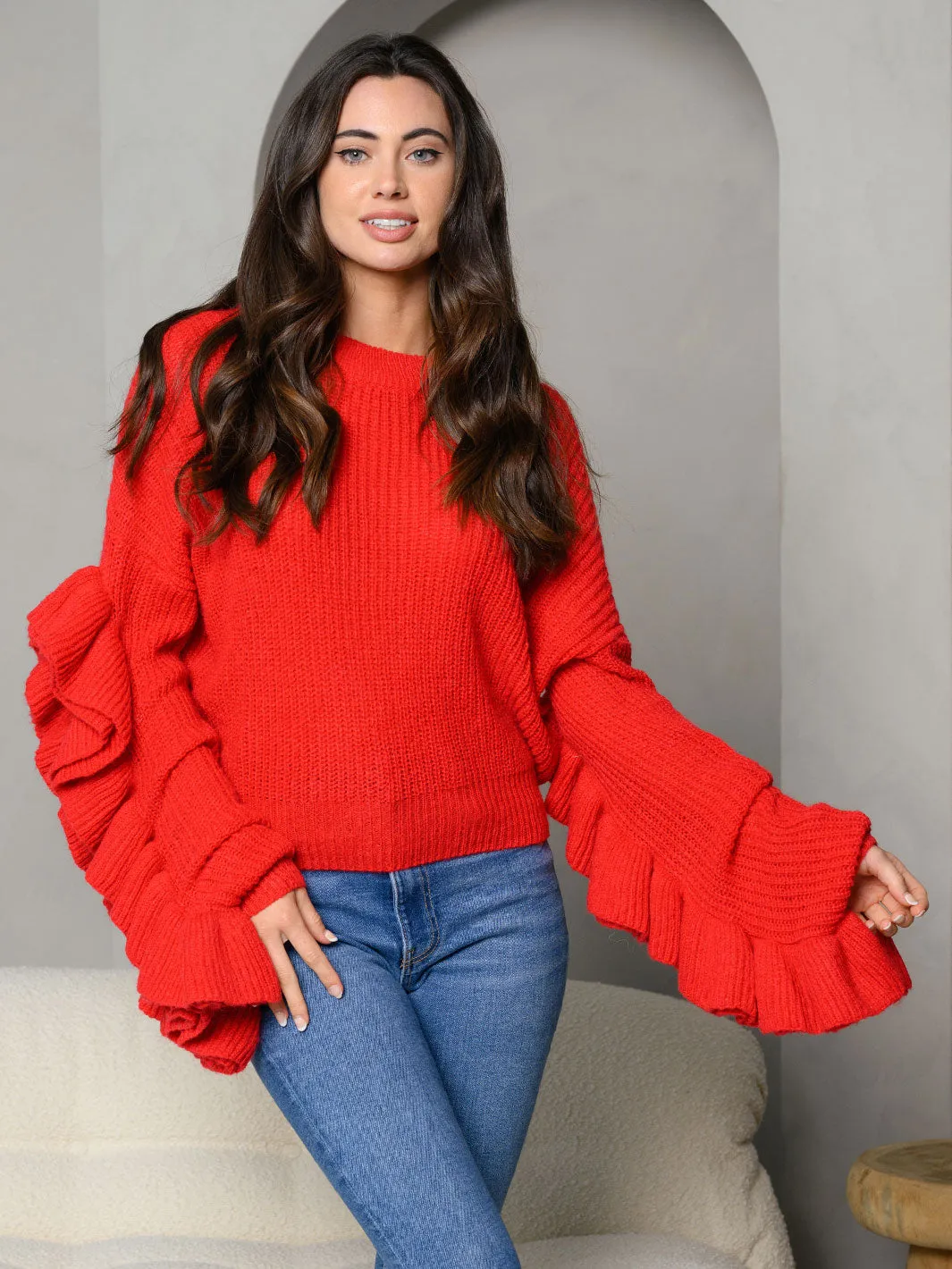 WOMEN'S KNITTED FRILL DETAILED LONG SLEEVE SWEATER