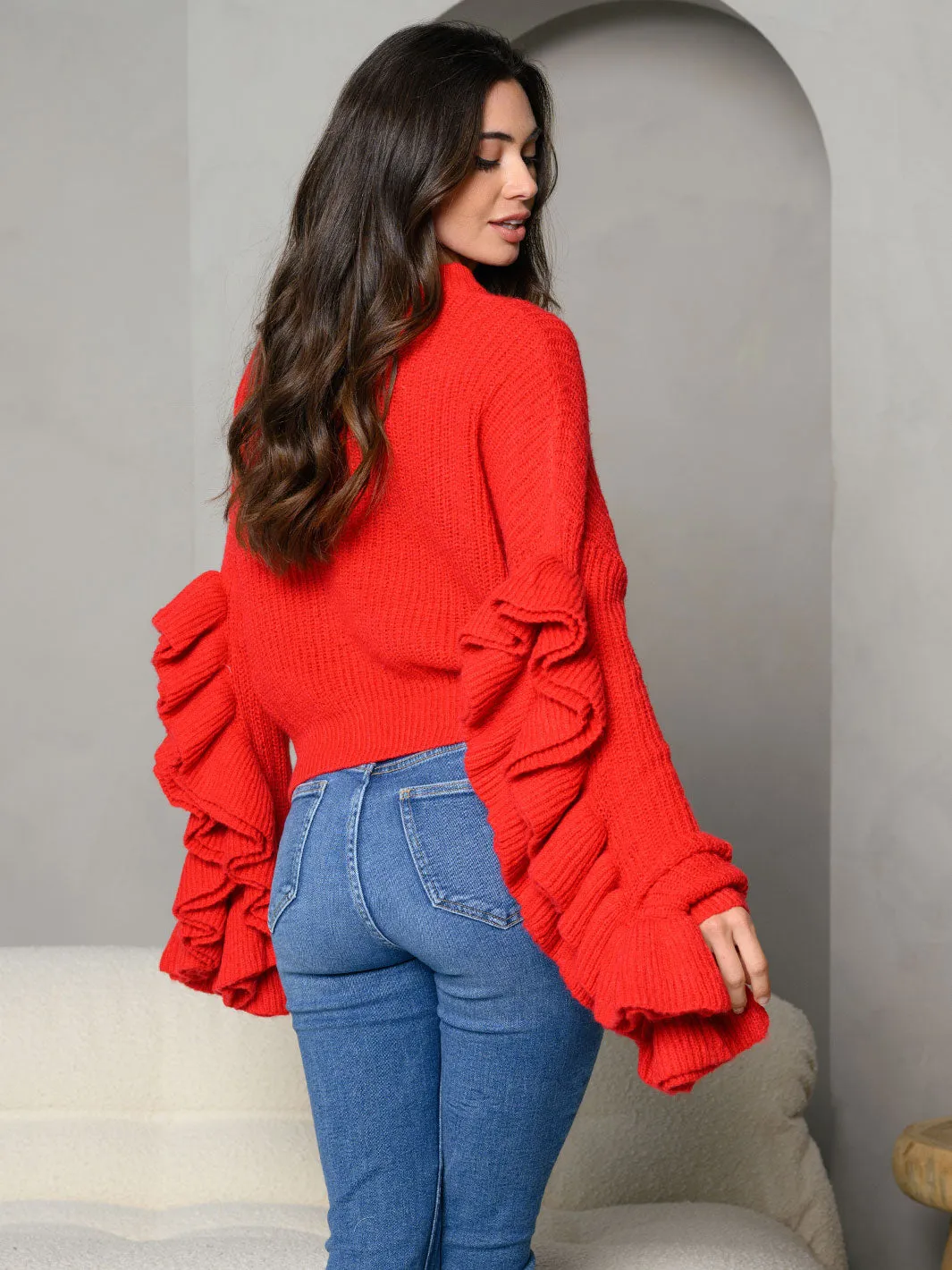 WOMEN'S KNITTED FRILL DETAILED LONG SLEEVE SWEATER