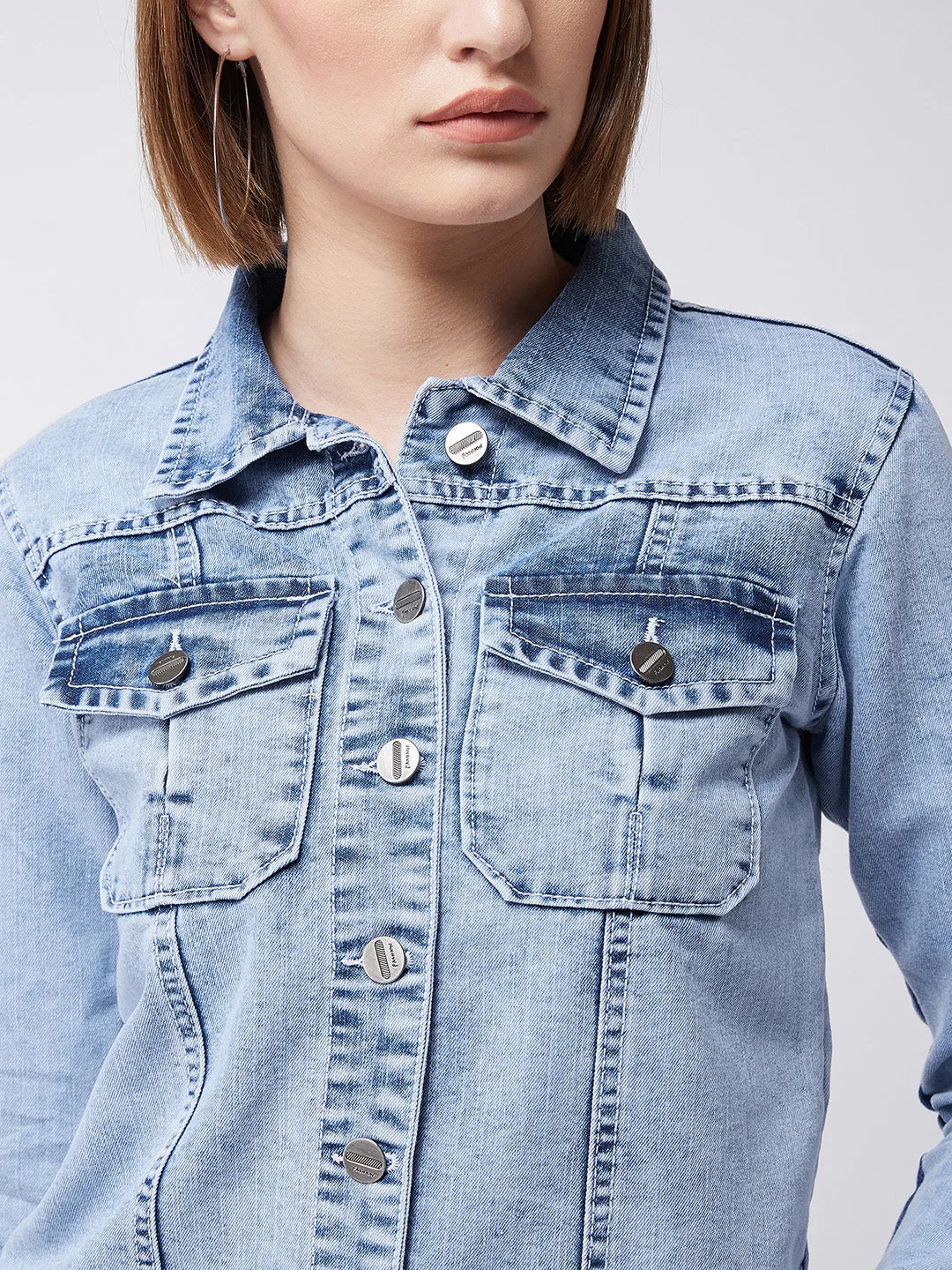 Women's Light Blue Collared Full Sleeves Solid Buttoned Denim Jacket