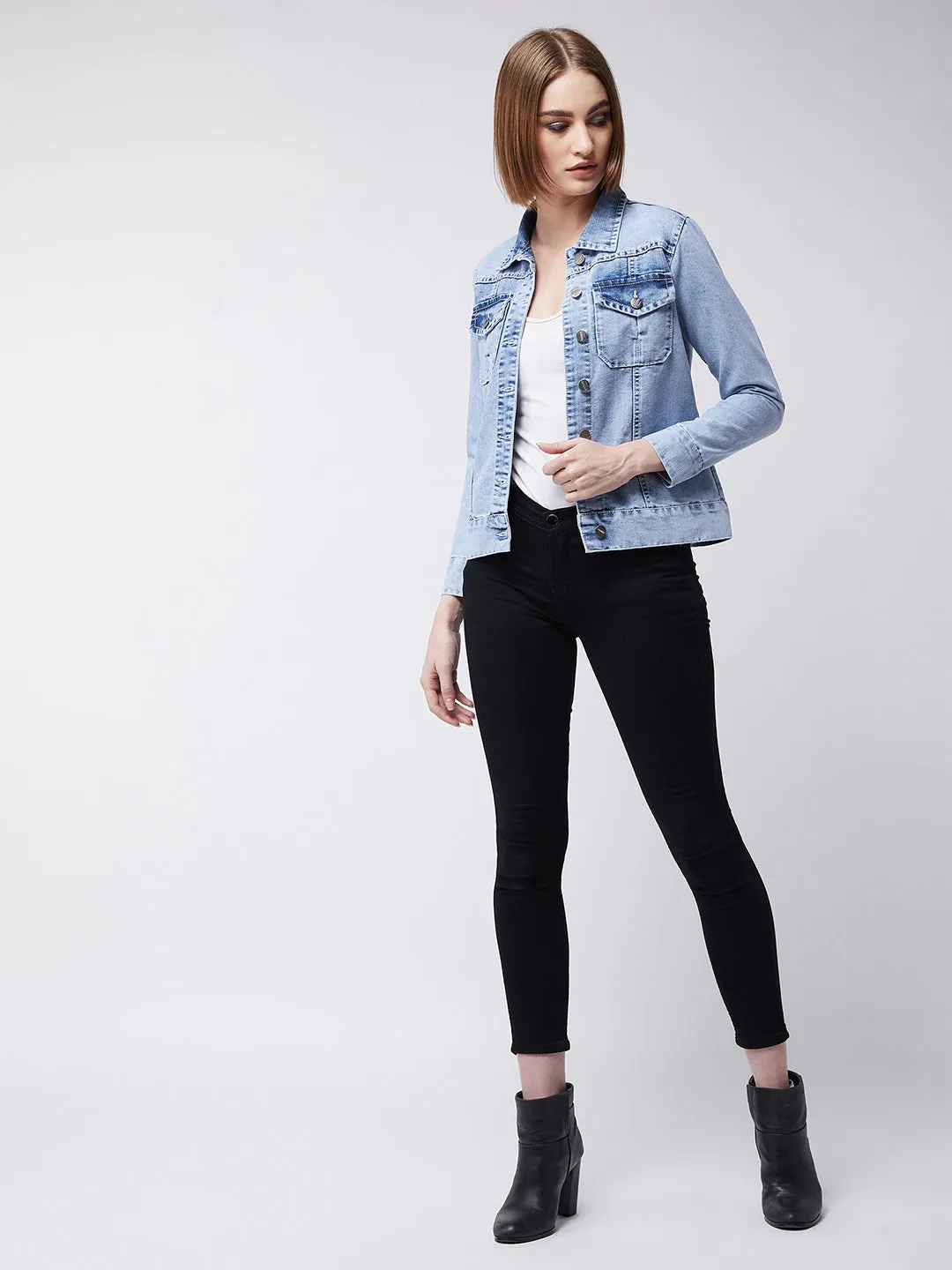 Women's Light Blue Collared Full Sleeves Solid Buttoned Denim Jacket