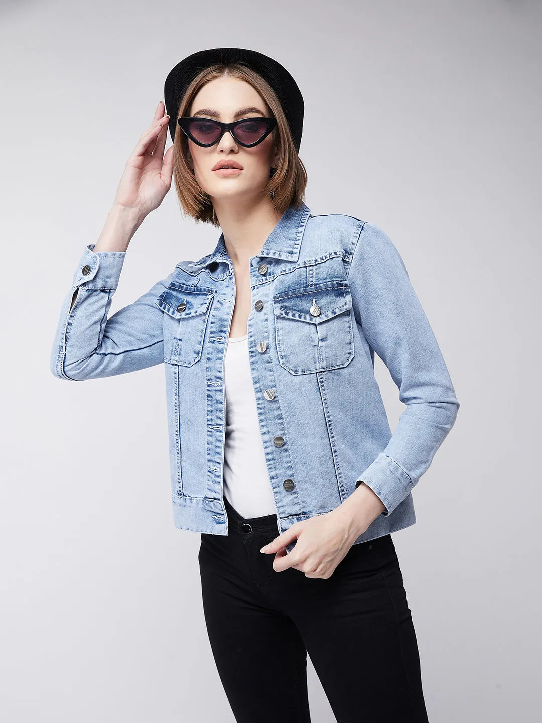 Women's Light Blue Collared Full Sleeves Solid Buttoned Denim Jacket