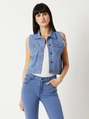 Women's Light Blue Polo Neck Sleeveless Denim Solid Buttoned Ice Wash Raw Edge Detailing Crop Denim Jacket