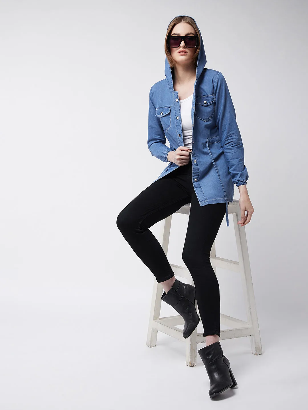 Women's Light Blue Round Neck Full Sleeve Solid hoody with tie-up Long Denim Jacket